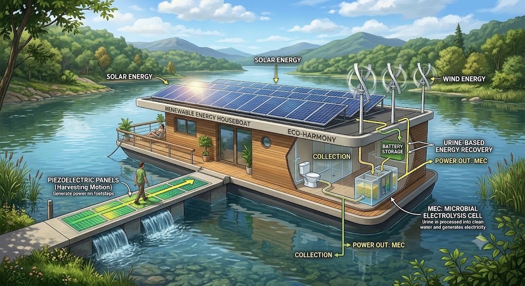 Renewable Energy Houseboat: Integrated System of Solar, Piezoelectric, Wind Energy and Urine-Based Energy Recovery